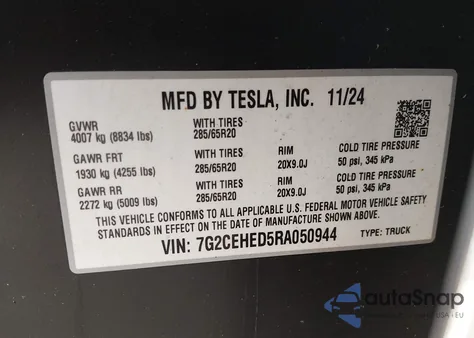 2024 Tesla Cybertruck All-Wheel Drive z USA, uszkodzony, nr VIN 7G2CEHED5RA050944